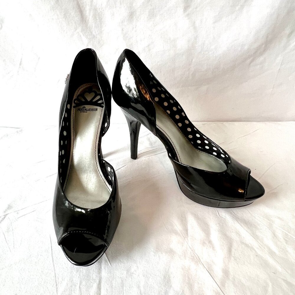 Fergalicious Black Patent Leather Heels,  Peek-a-boo Toe, Size 9, EC!